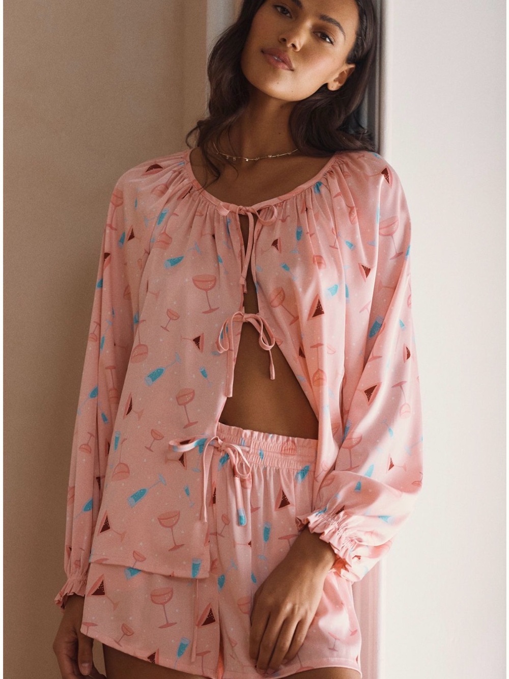 Beach Riot Pink Printed Tie-Front Pajama Set